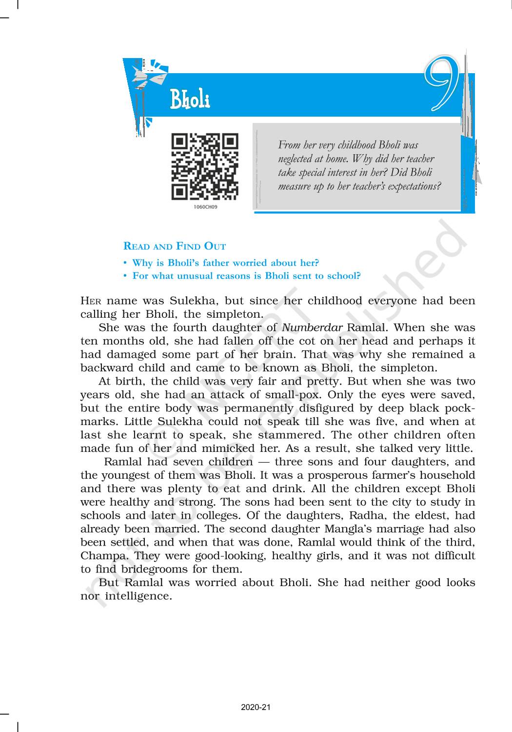 Bholi ncert book of class 10 footprints without feet